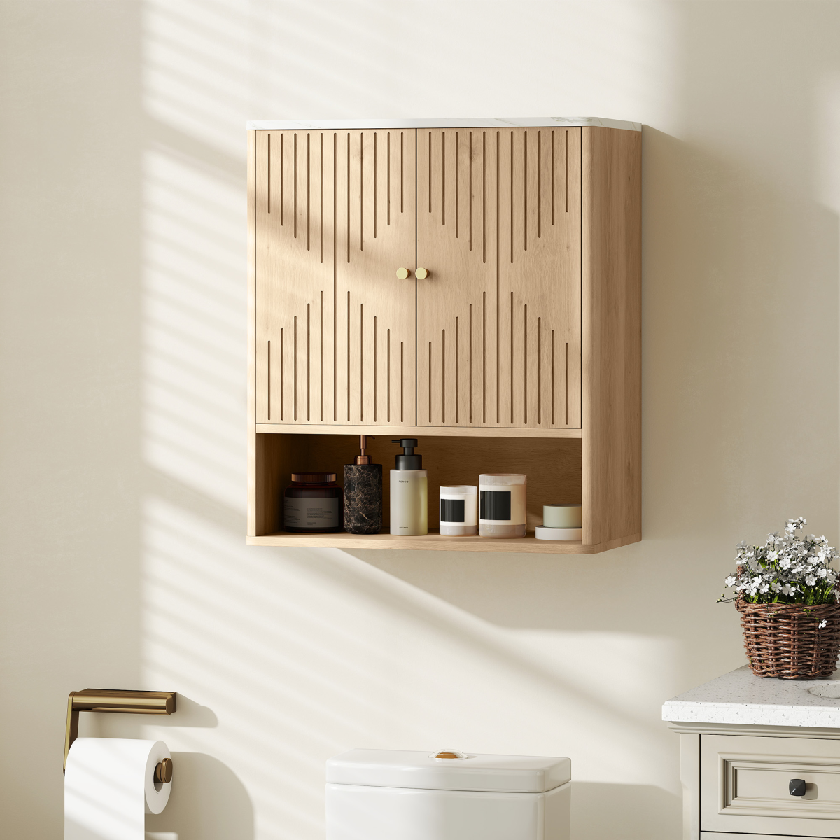 HOMCOM Bathroom Wall Cabinet with Adjustable Shelf, Open Shelf, Oak