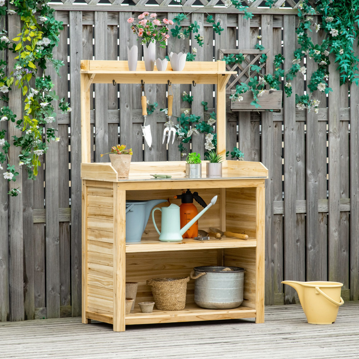 Outsunny Garden Potting Bench with Metal Top and Storage Shelves