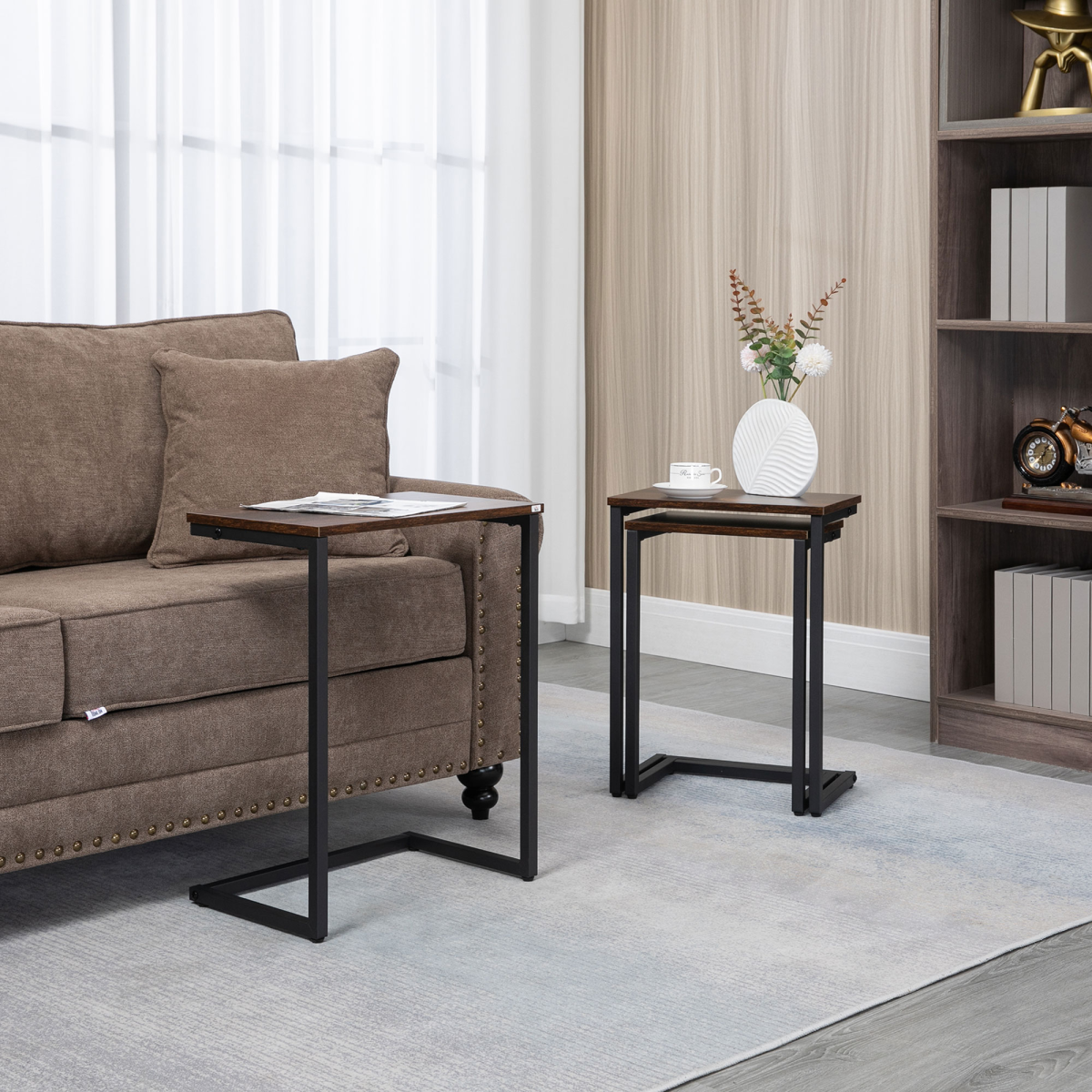 HOMCOM Set of 3 C-Shaped Nesting Tables, Steel Frame, Rustic Brown