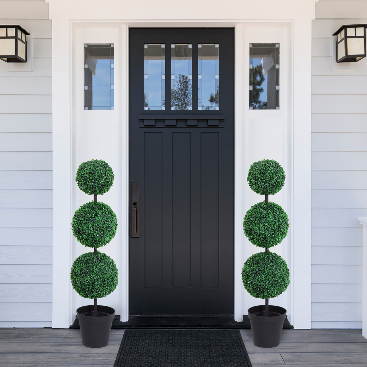 Outsunny Set of 2 Artificial Boxwood Topiary Trees with 3 Balls, Green PE Plants