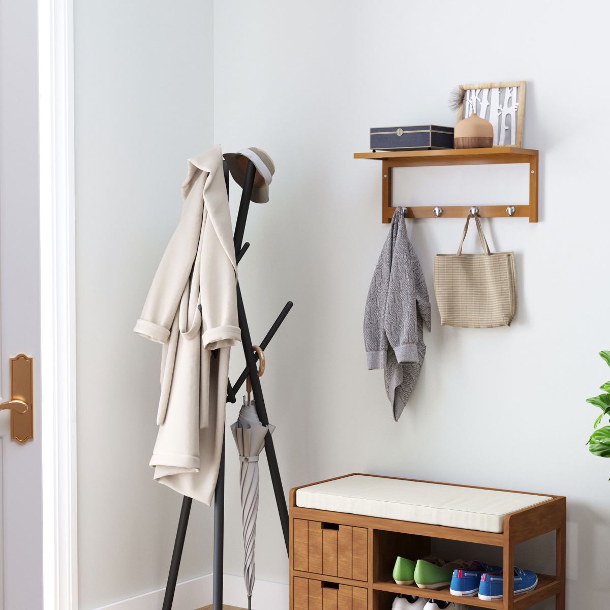 HOMCOM Wall Mounted Clothes Rack with Top Shelf and 4 Hooks, 50 x 17 x 20 cm