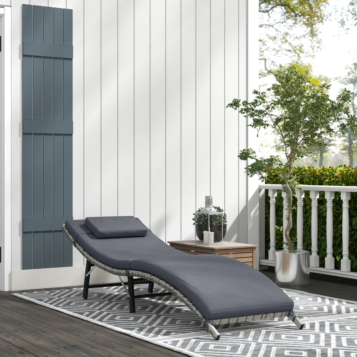 Outsunny Grey Folding Rattan Sun Lounger with Cushion & Pillow