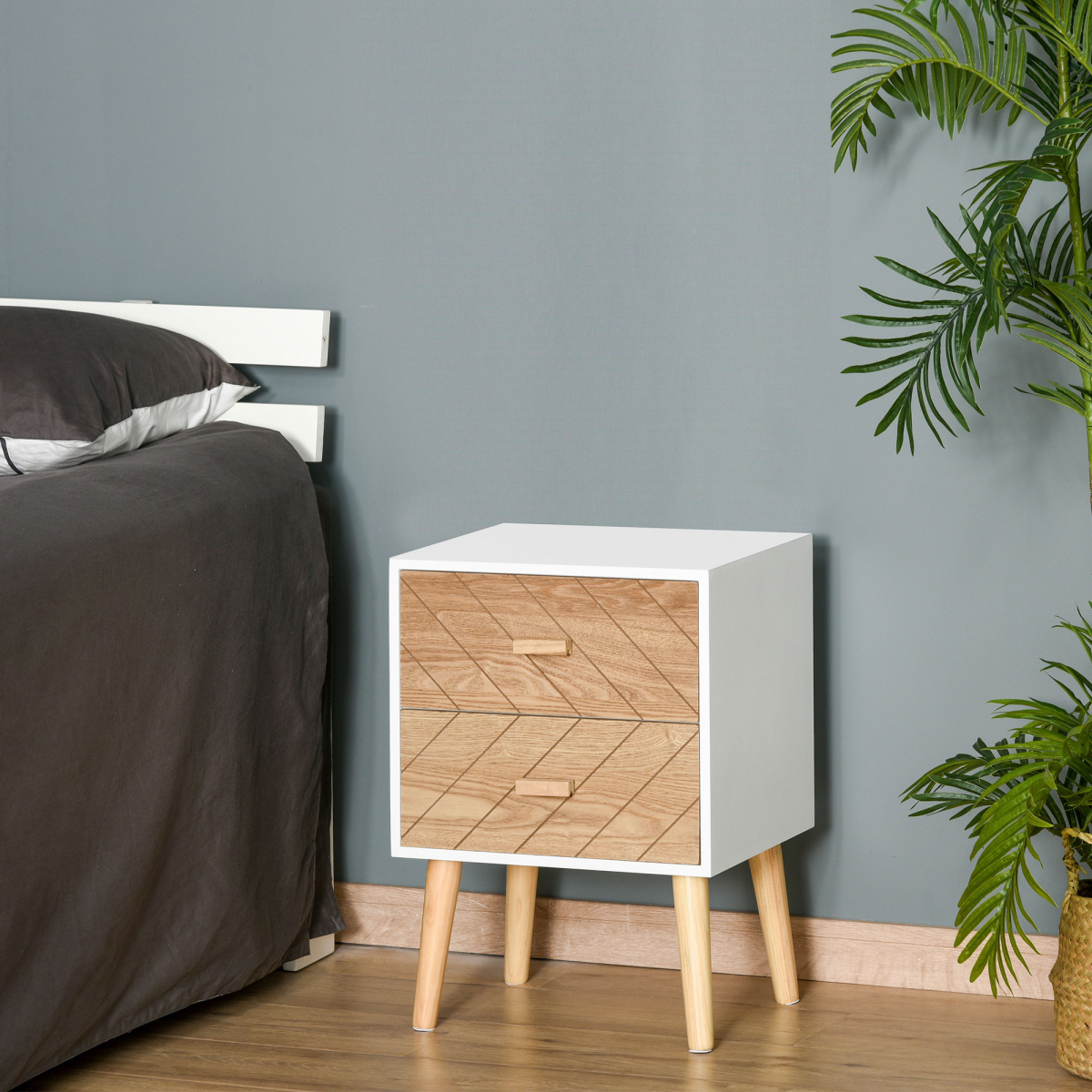 HOMCOM Nordic Style Wooden 2-Drawer Side Cabinet Bedside Table Storage Chest