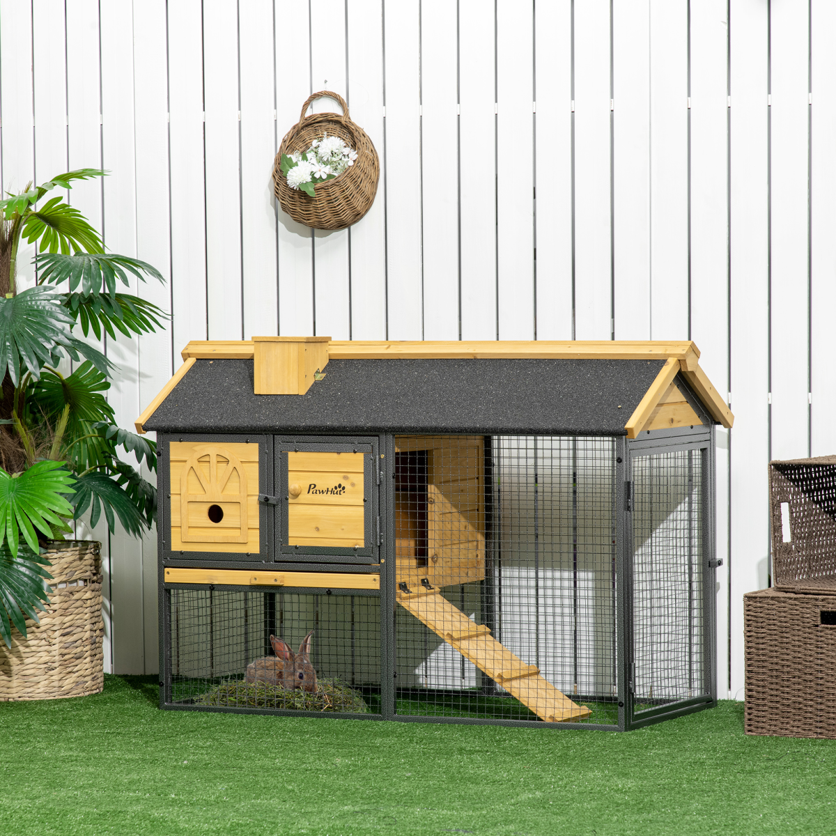 PawHut Outdoor Rabbit Hutch with Run and Removable Tray, Two-Tier Bunny Cage 120 x 55.5 x 80cm
