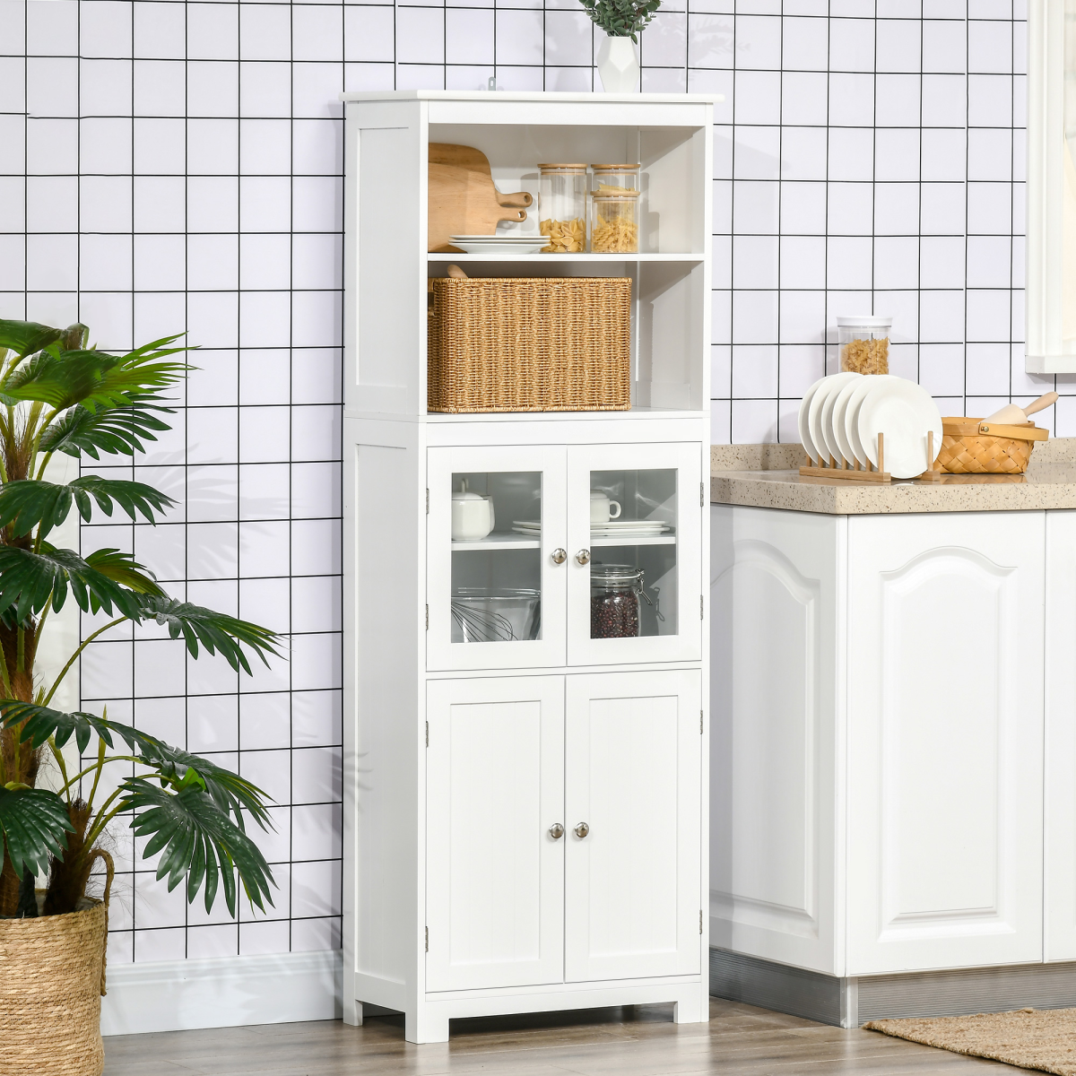 HOMCOM White Kitchen Cupboard with Adjustable Shelves and Glass Doors