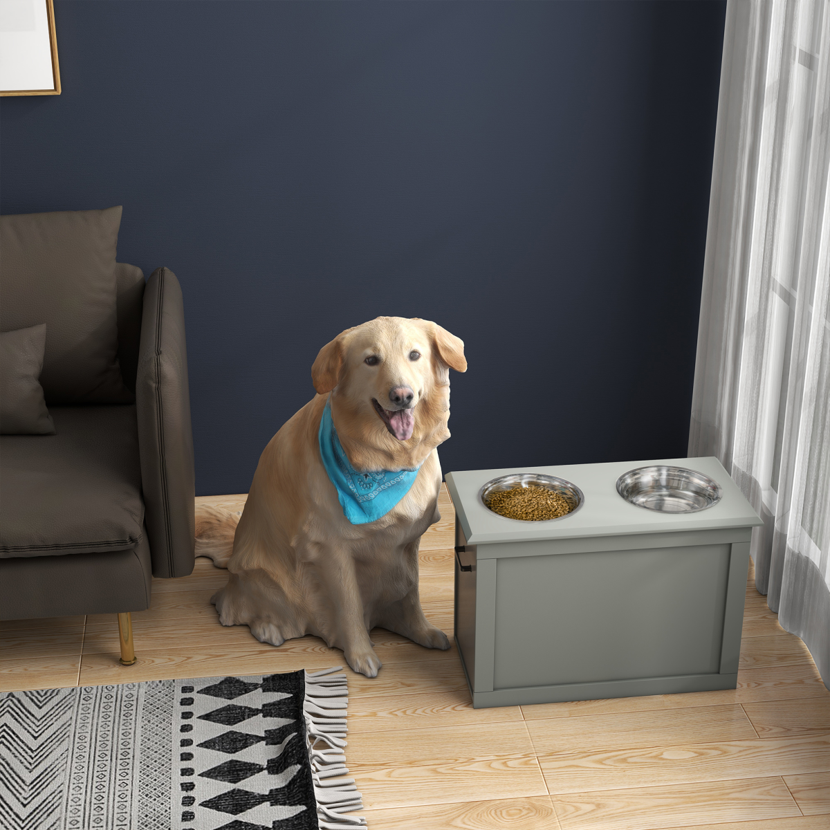 PawHut Elevated Dog Bowls with Storage, 2 Bowls, Grey