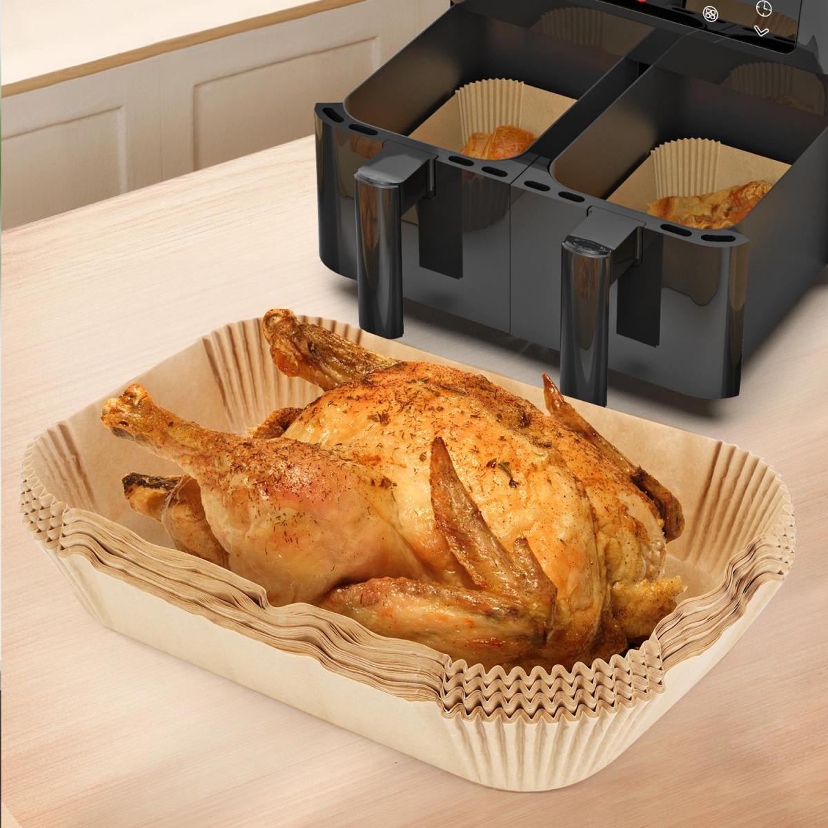 Vinsani 100 Pack Air Fryer Paper Liners, Non-Stick, Greaseproof, 21.8 x 14 cm, Wood Pulp with Silicone Coating