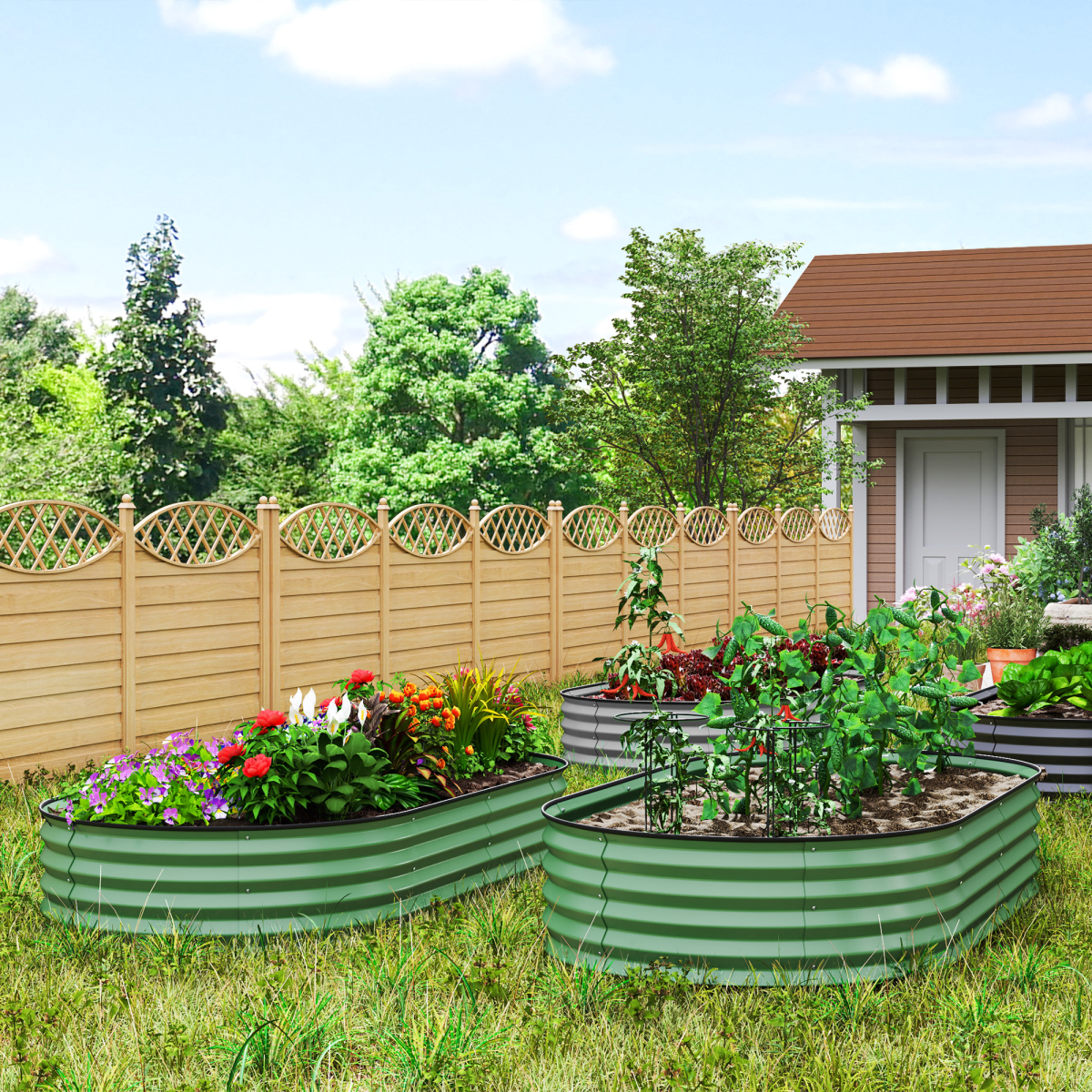 Outsunny Set of 2 Green Galvanised Steel Raised Garden Planters