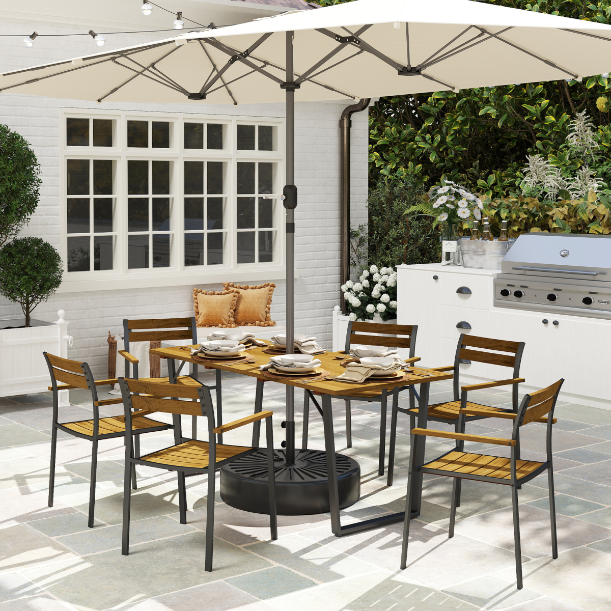 Outsunny 7 Piece Brown Garden Dining Set with Table and Stackable Chairs