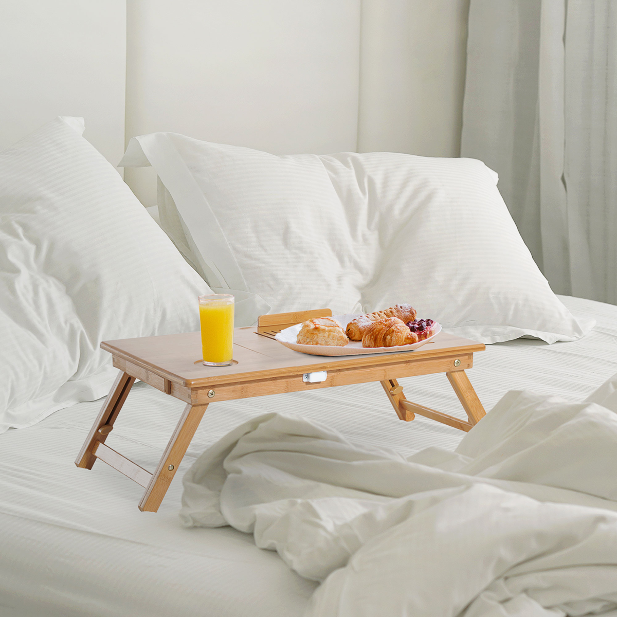 Portable Adjustable Bamboo Laptop Bed Tray Table with Drawer and Cup Slot
