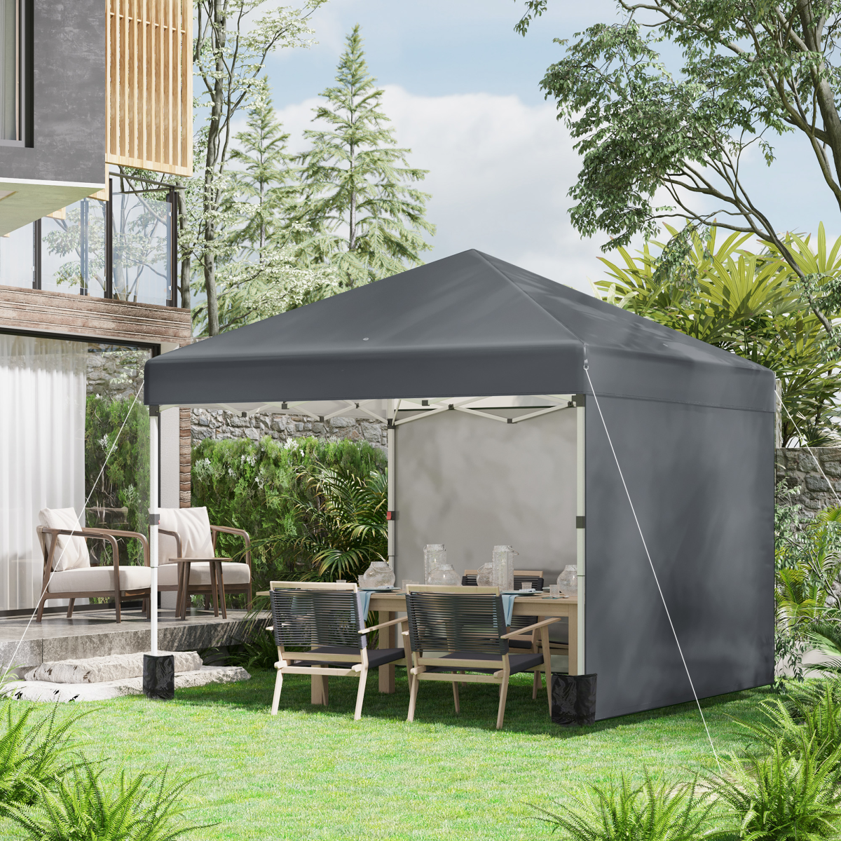 3 x 3m Pop Up Gazebo with 2 Removable Sidewalls, Adjustable Height, Sandbags, Guy Ropes and Ground Stakes, Dark Grey