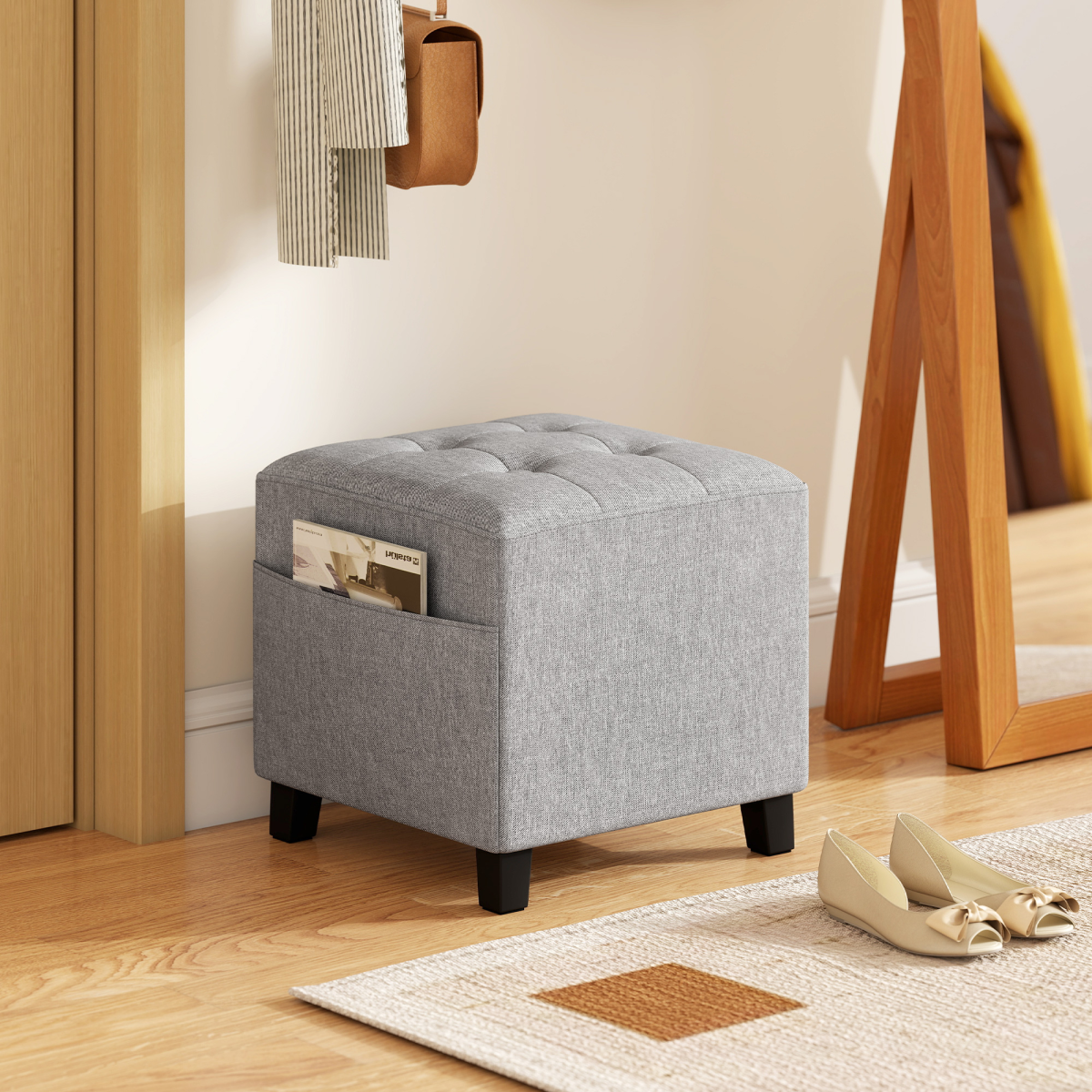 HOMCOM Small Square Ottoman Footstool with Padded Seat, Light Grey