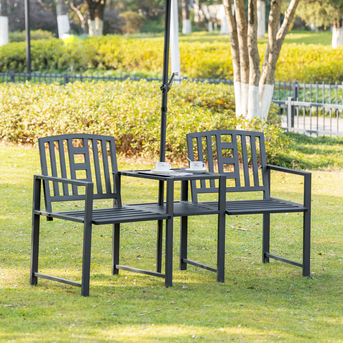 2-Seater Garden Bench with Middle Table, Slatted Patio Loveseat