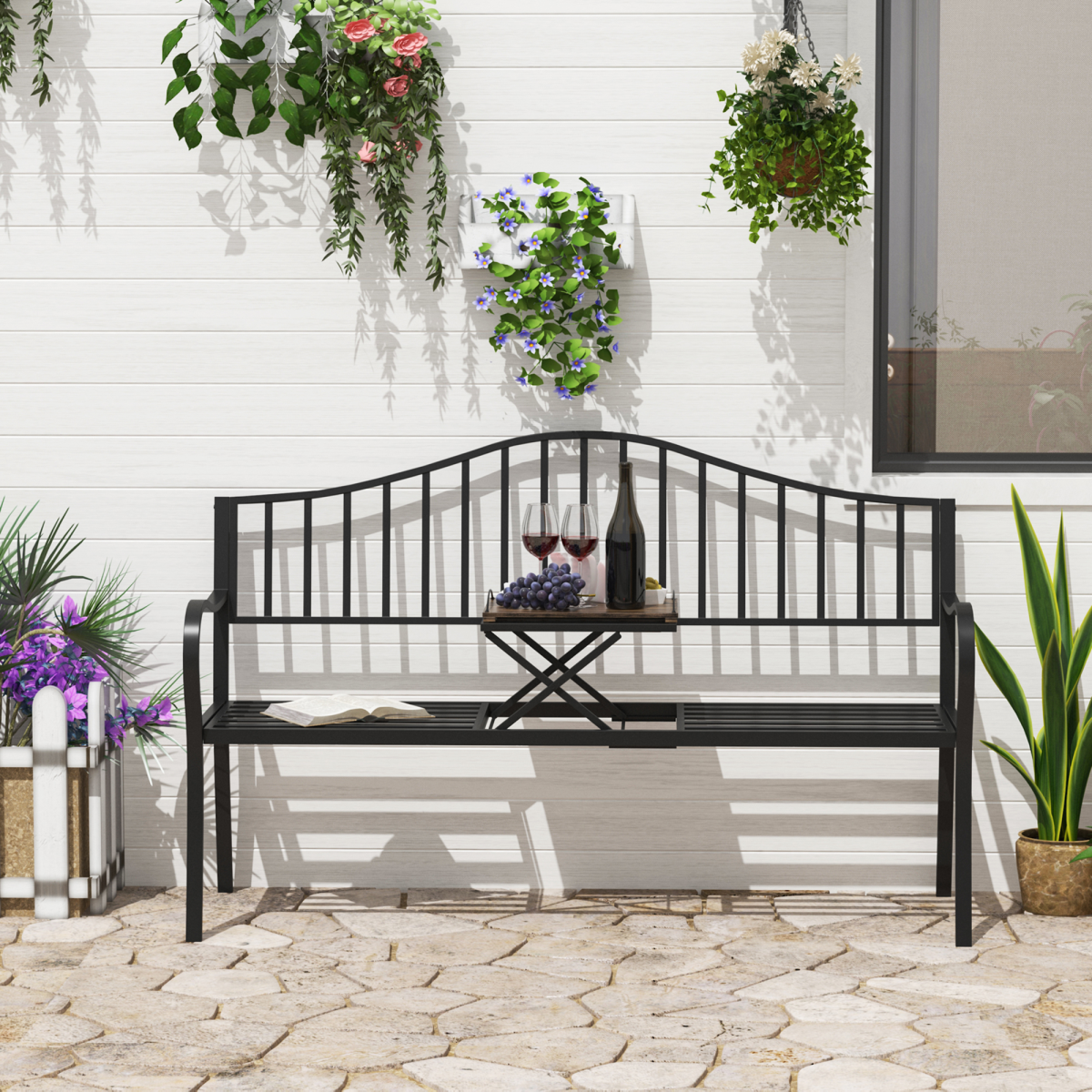 Outsunny Outdoor 2 Seater Metal Bench with Lift-Up Middle Table, Patio Garden Seating Chair