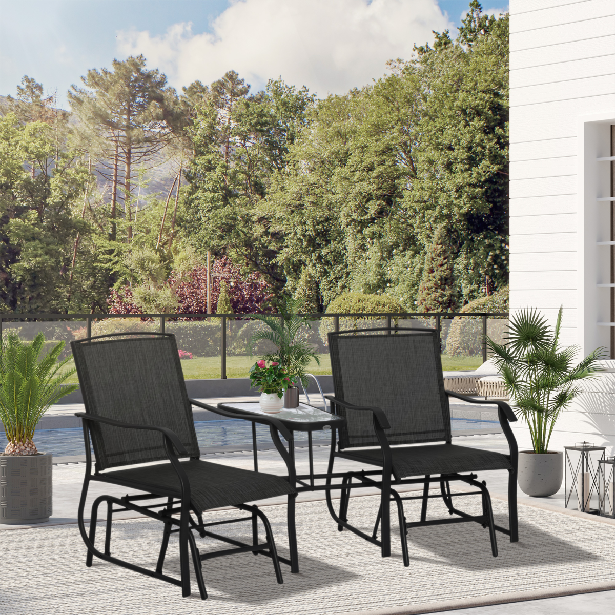 Outsunny Double Glider Rocking Chair Love Seat with Glass Middle Table, Mesh Fabric, Steel Frame