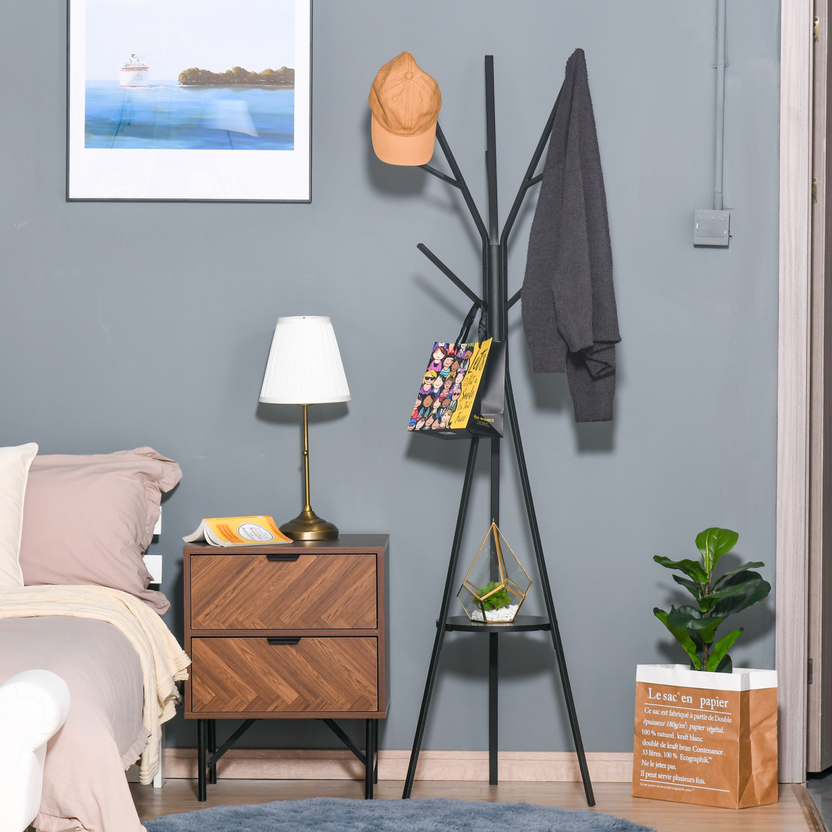 180cm Freestanding Metal Coat Rack with Shelf and 9 Hooks