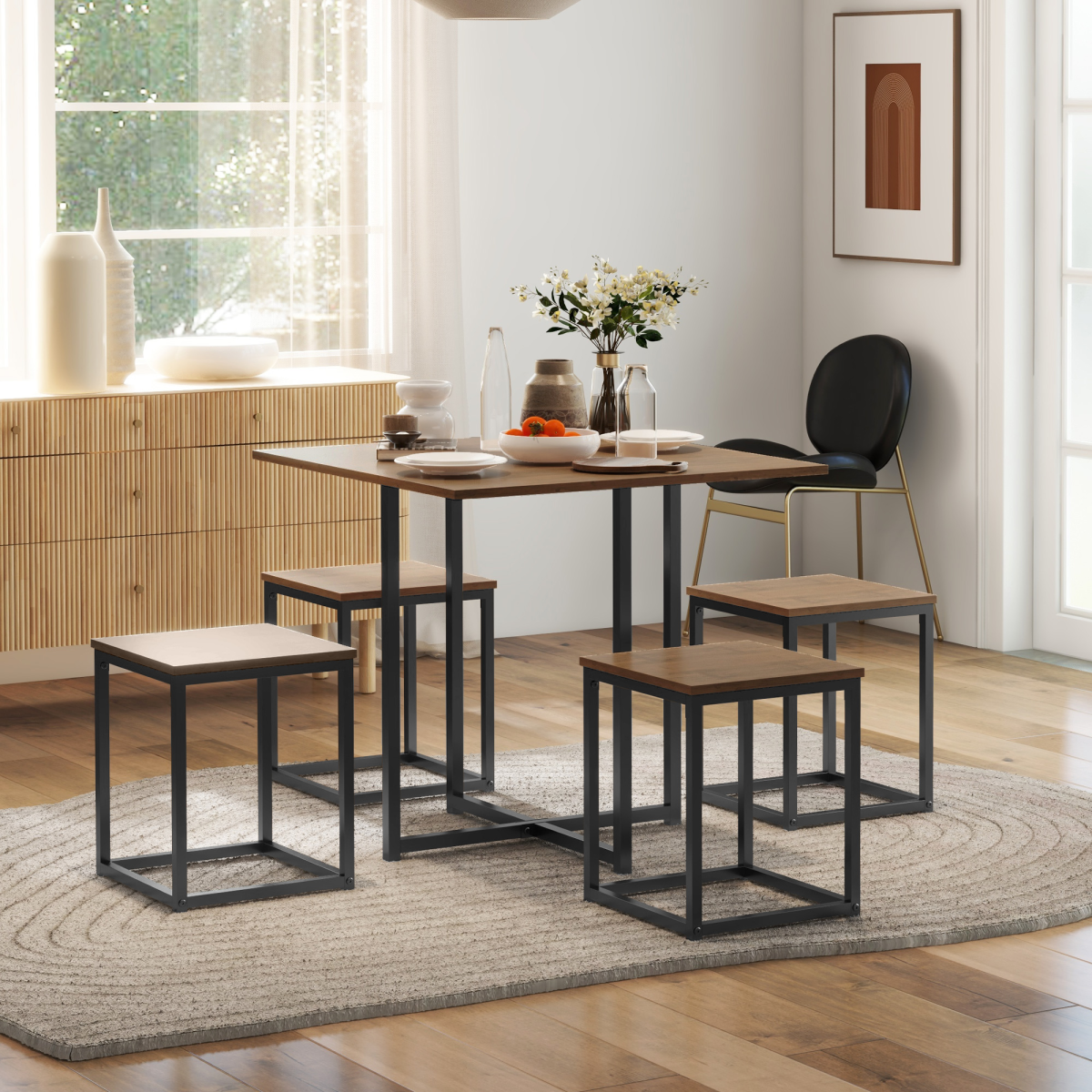 HOMCOM 5-Piece Dining Set with Table and 4 Stools, Steel Frame, Black/Brown