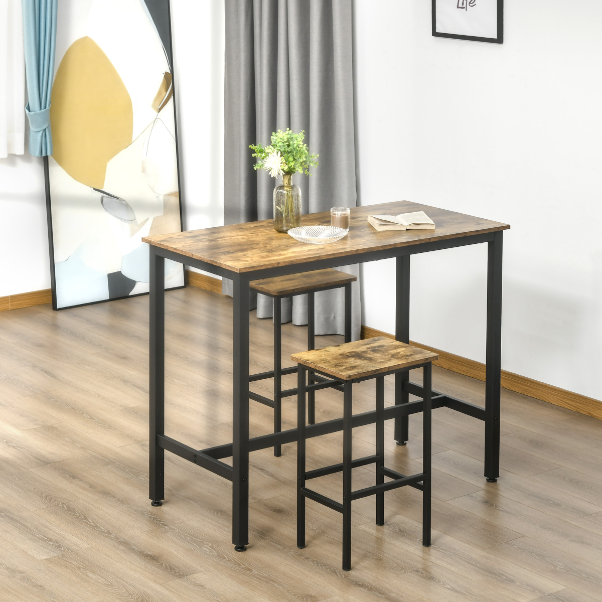 Set of 2 Industrial Kitchen Breakfast Bar Chairs with Footrest, Rustic Brown