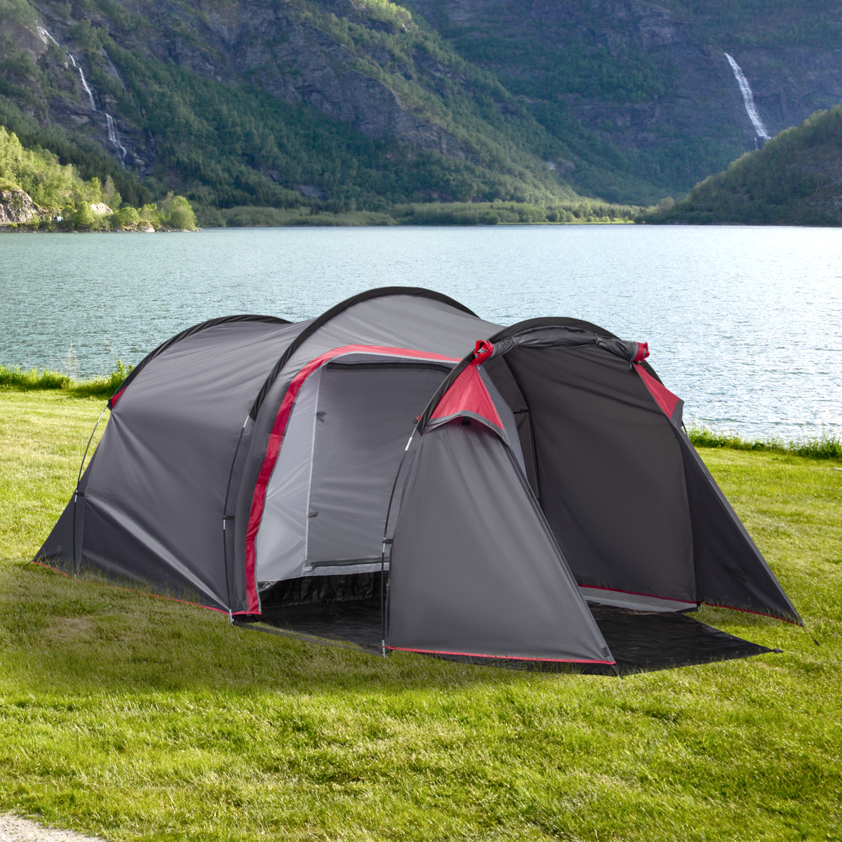 3 Man Camping Tent with 2 Rooms, Porch, Mesh Vents, Waterproof