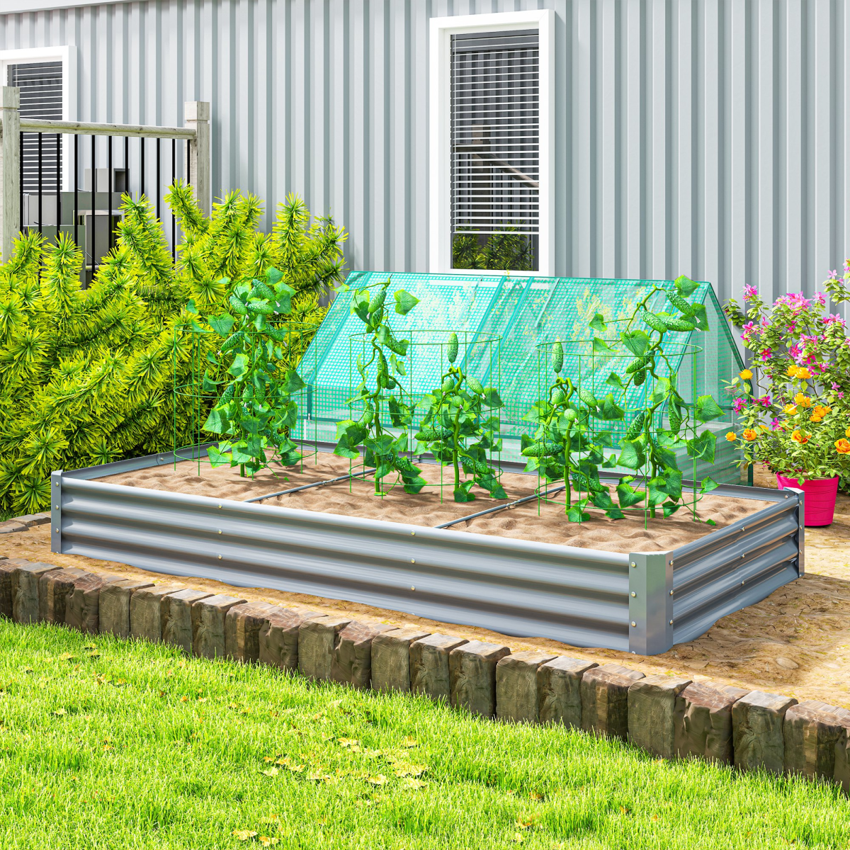 Outsunny Galvanised Raised Garden Bed 240x120x30cm, Silver Grey