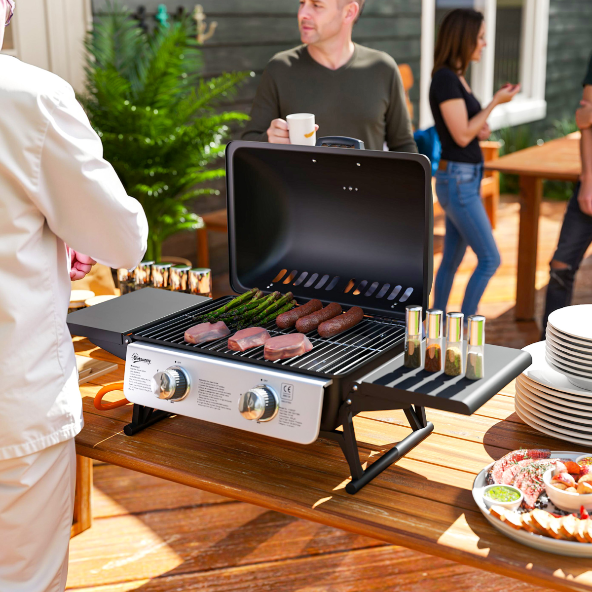 Outsunny Portable Tabletop Gas BBQ Grill with Thermometer, 2 Burners, Black