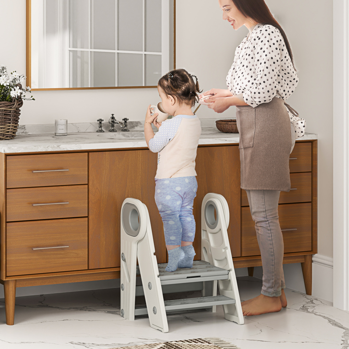 AIYAPLAY Foldable Adjustable Toddler Tower with Handle, Non-Slip, Grey