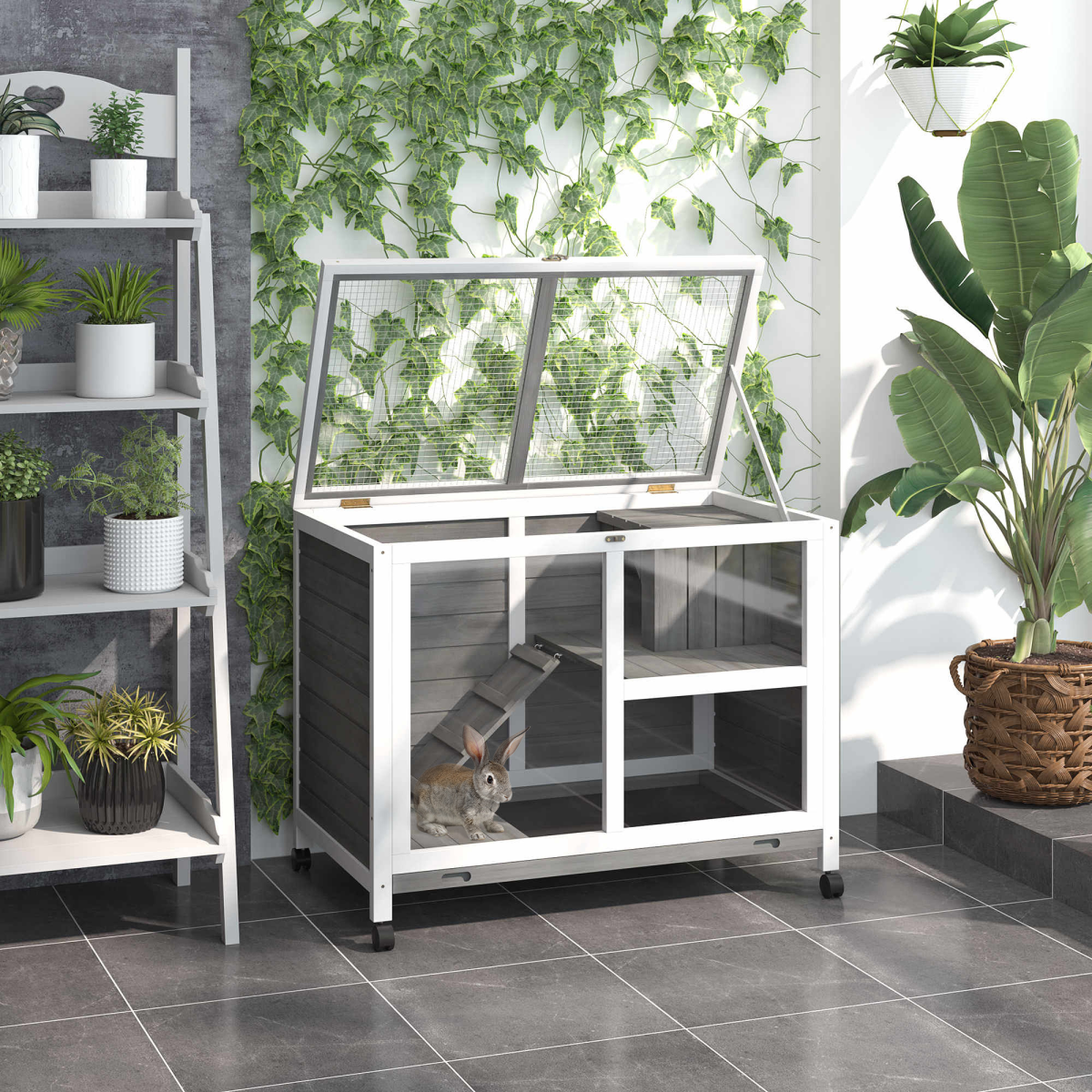 Indoor Wooden Rabbit Hutch, 2-Tier Indoor Bunny Cage with Tray, Ramp and Wheels, Grey