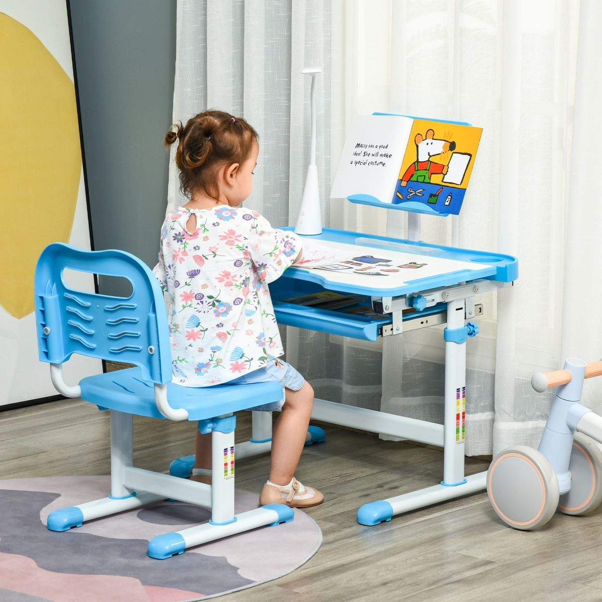 HOMCOM Kids Adjustable Study Desk and Chair Set with USB Lamp, Blue