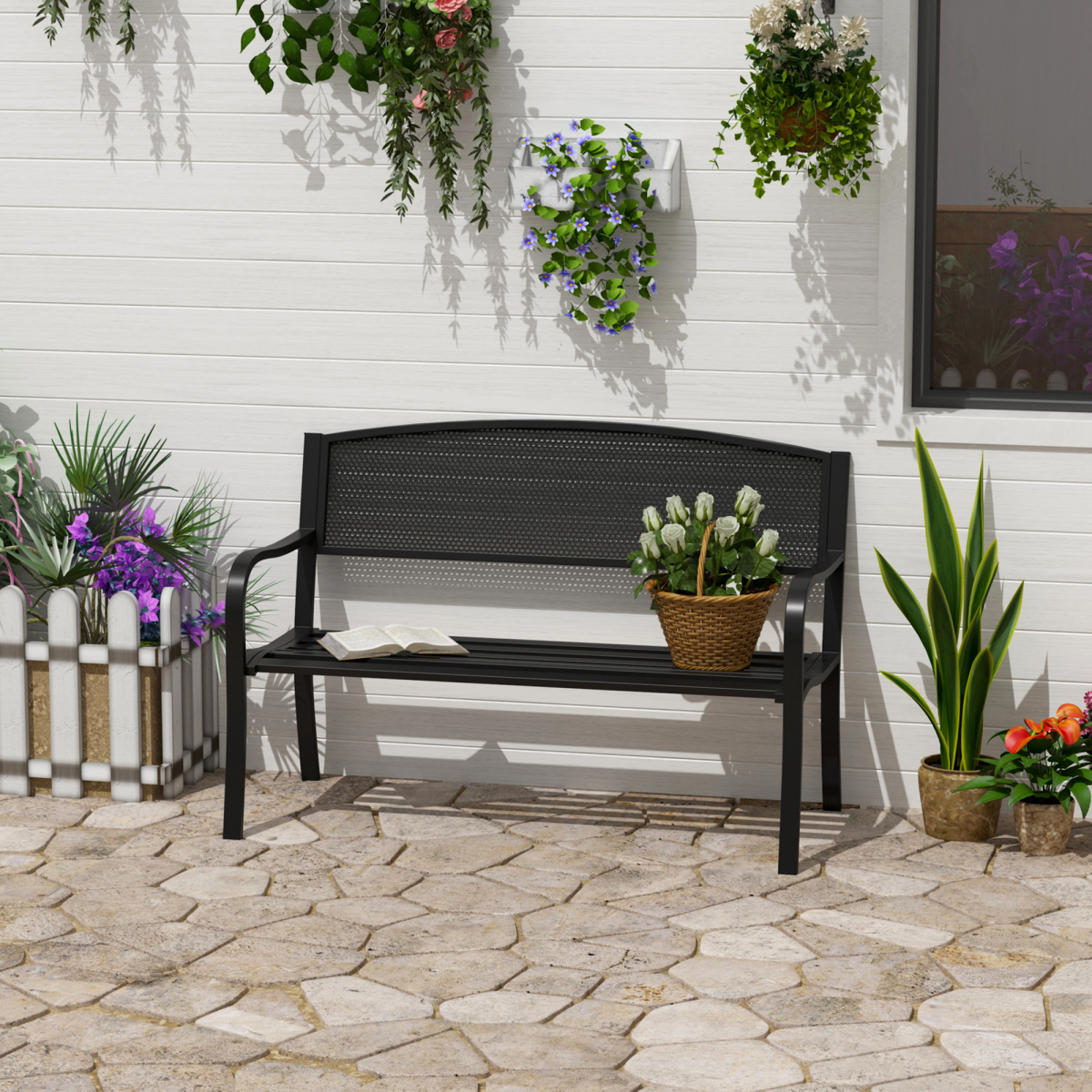 Outsunny 2 Person Steel Garden Bench with Cast Iron Backrest and Seat, 120 cm, Black