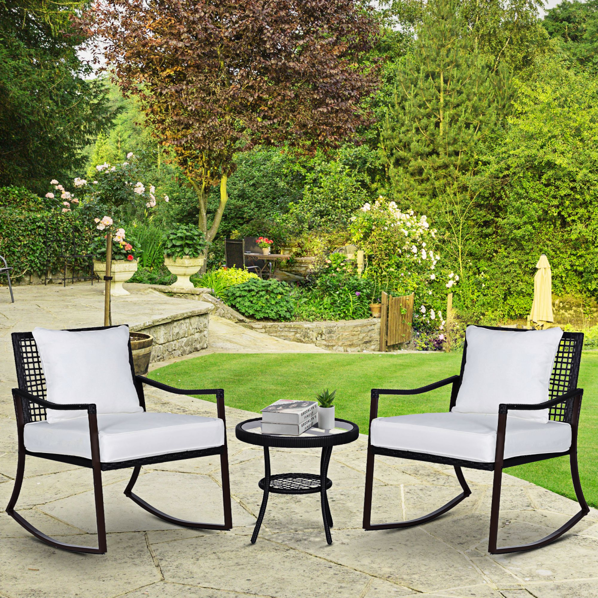 Outsunny 3-Piece Rocking Chair Bistro Set with Glass Table
