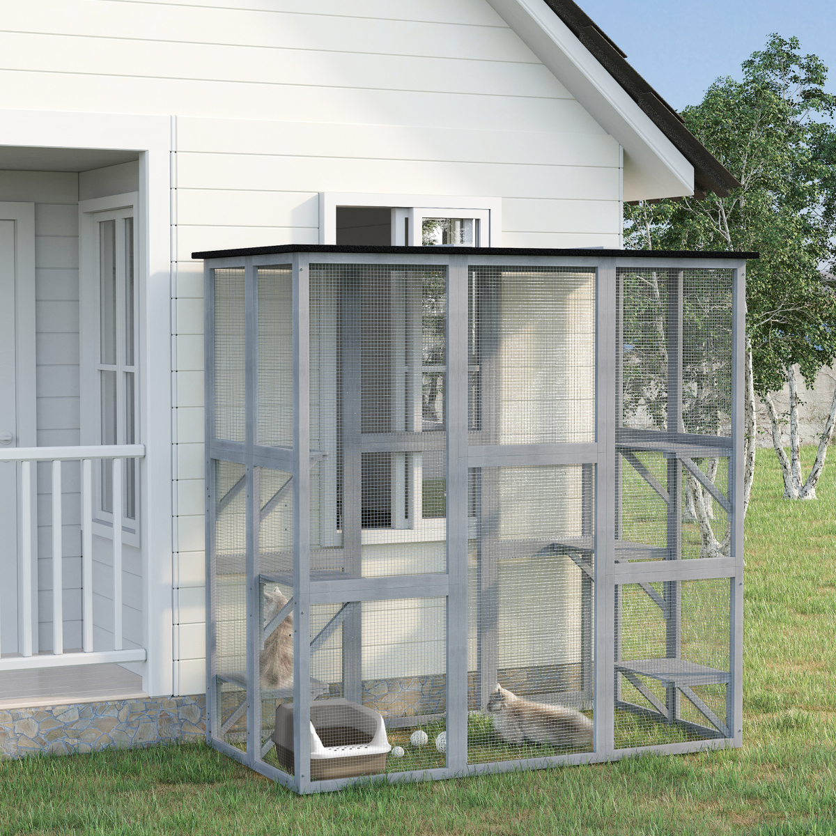 PawHut Wooden Catio with Platforms, Weatherproof Cat Enclosure