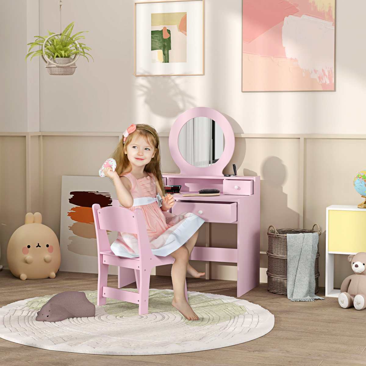 AIYAPLAY Pink Kids Vanity Table and Stool Set with Mirror, 4 Drawers