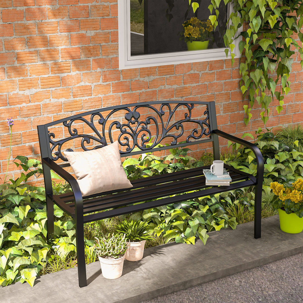 Outsunny 2-Seater Steel Garden Bench with Floral Backrest