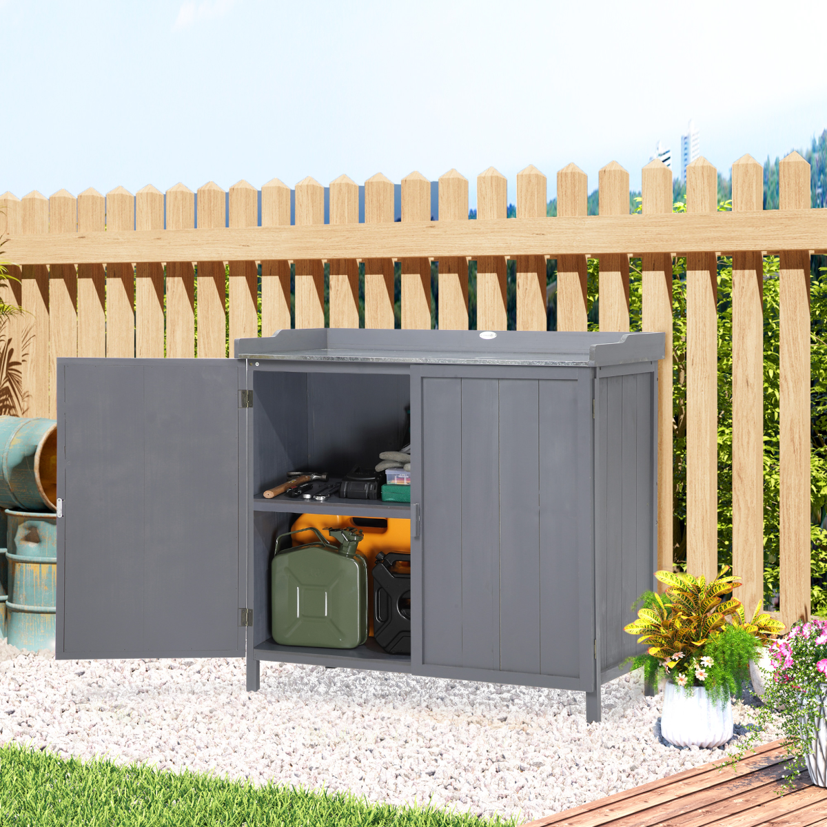 Outsunny Garden Storage Cabinet Potting Bench Table, Grey, Galvanised Metal Surface, Two Shelves, Magnetic Doors, Fir Wood Body