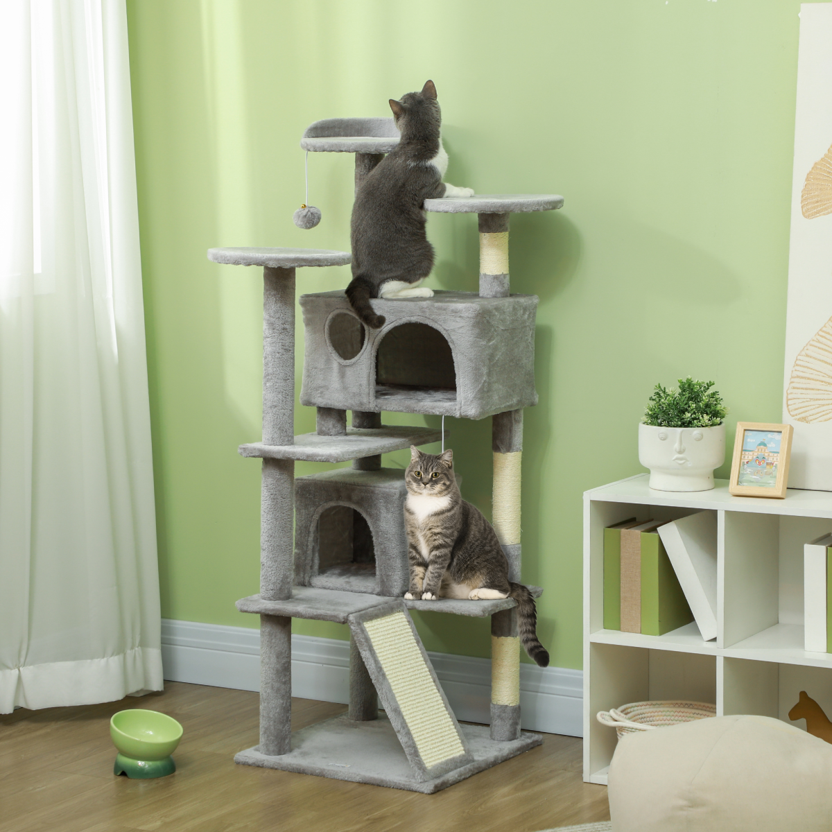 PawHut 138cm Cat Tree with Condos, Bed and Scratching Posts, Light Grey