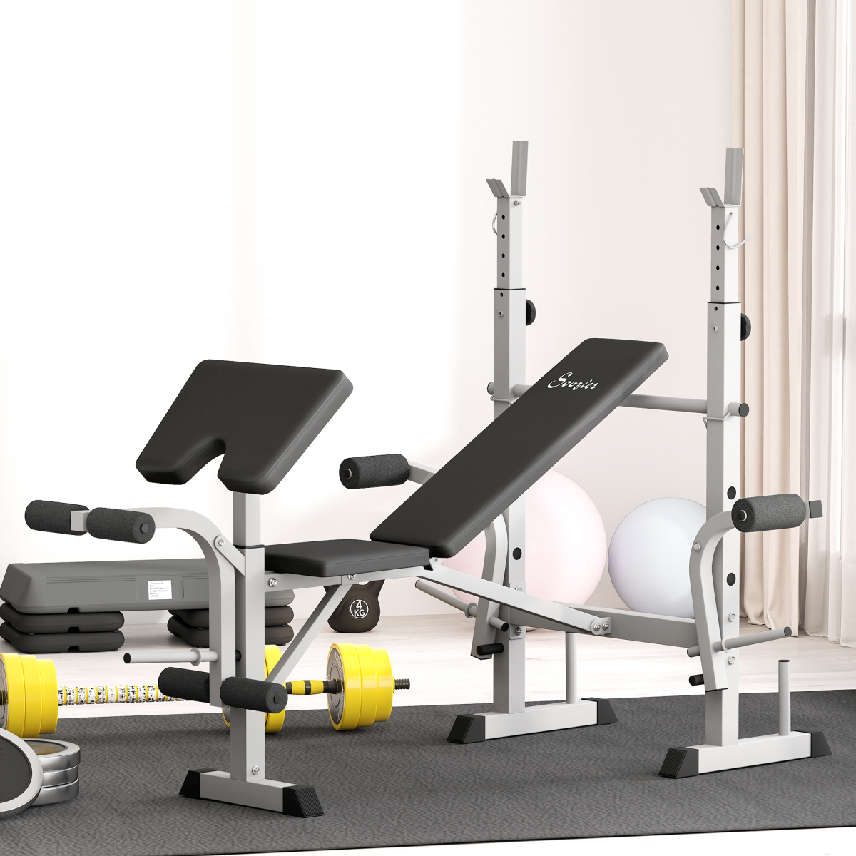 HOMCOM Adjustable Weight Bench with Squat Rack & Leg Developer, Grey