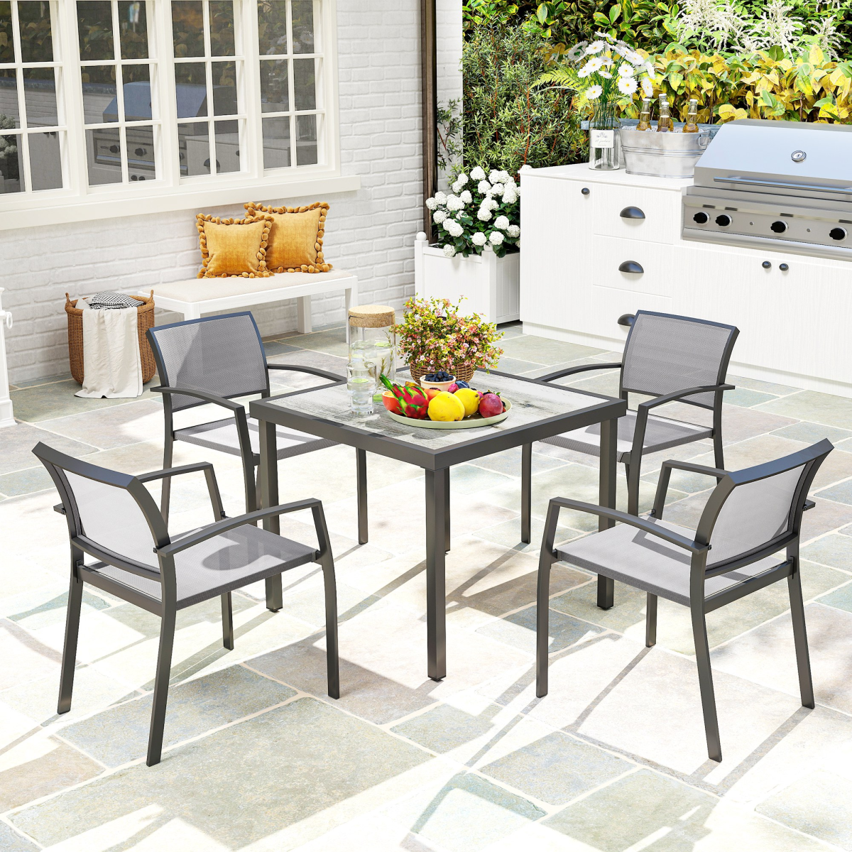 Outsunny Grey 5 Piece Garden Furniture Set with Square Table and 4 Stackable Armchairs