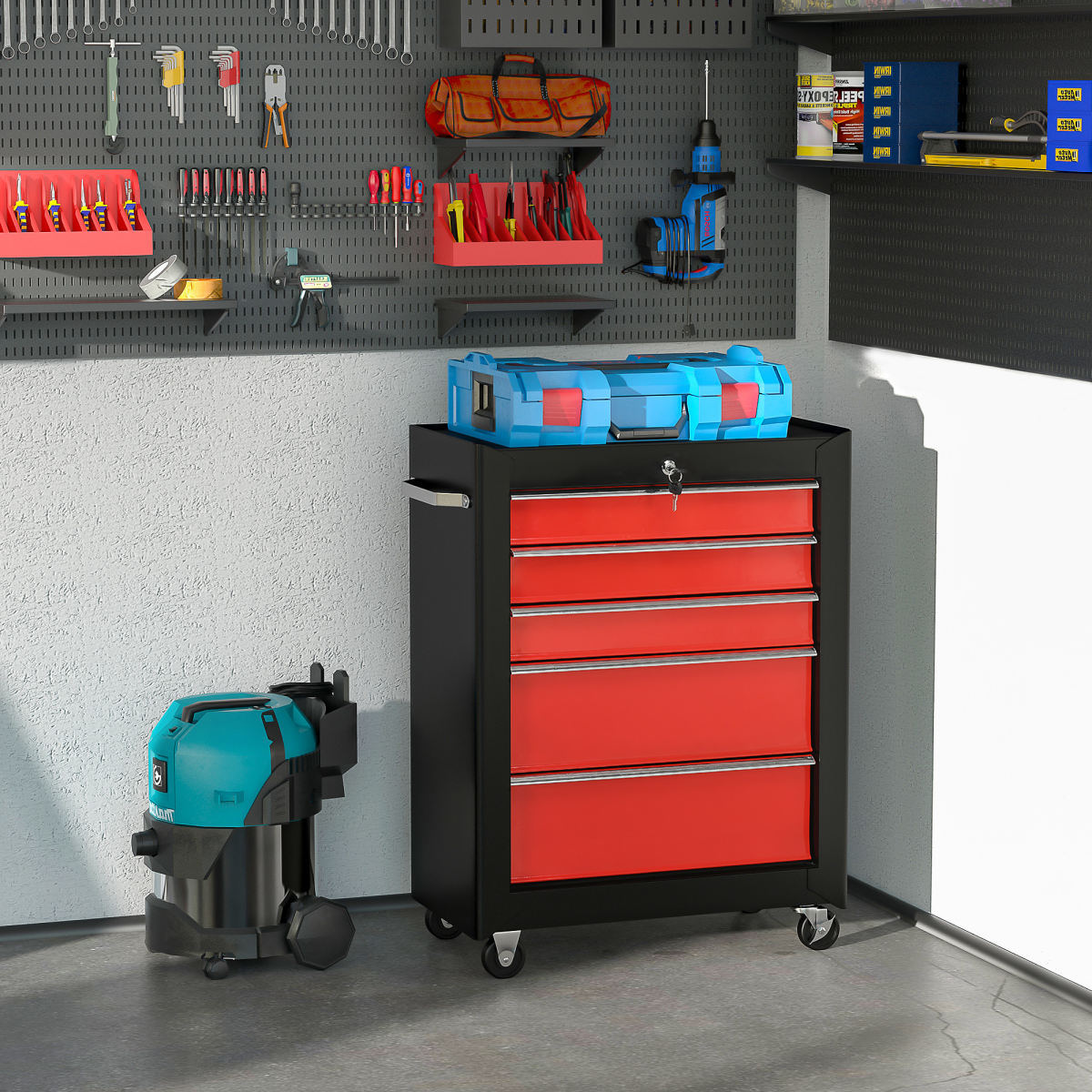 HOMCOM Lockable Steel Tool Storage Cabinet with 5 Drawers and Wheels
