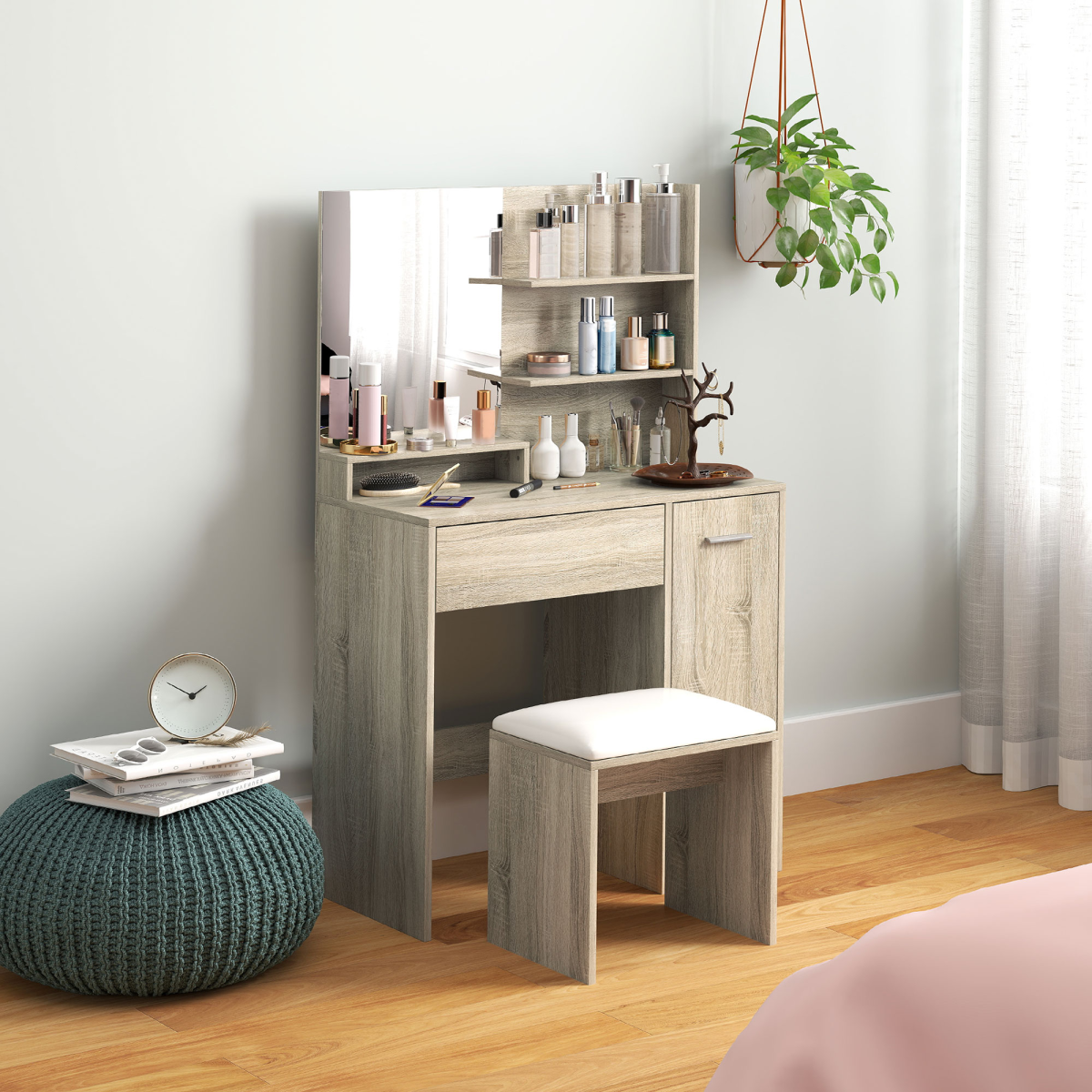 HOMCOM Dressing Table with Mirror, Stool and Storage for Bedroom