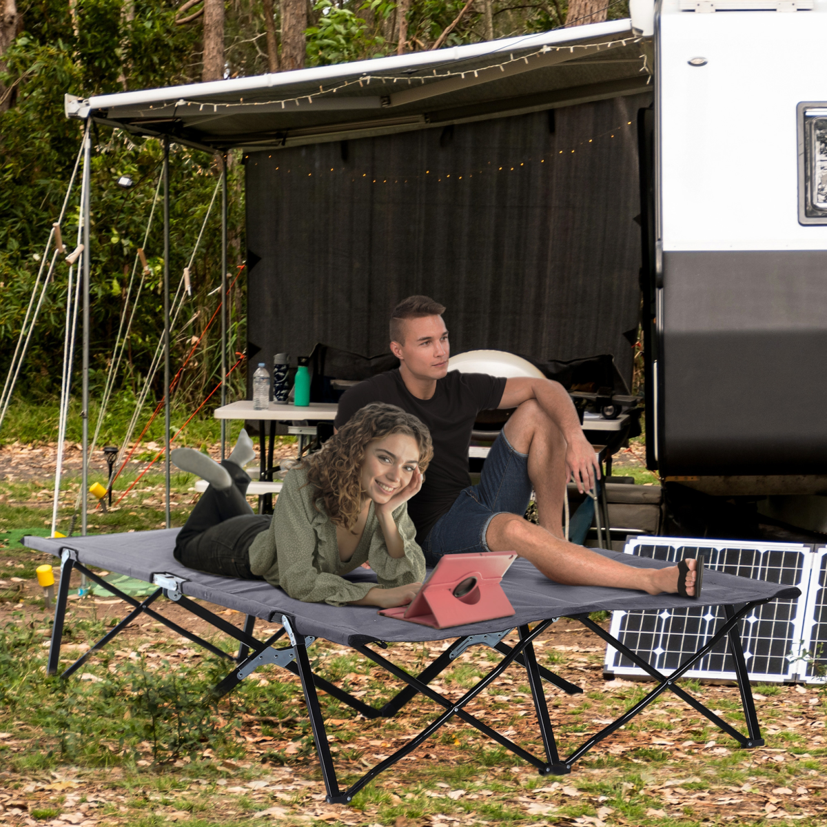 Outsunny Double Camping Folding Cot, Portable Outdoor Folding Sunbed with Carry Bag, Grey