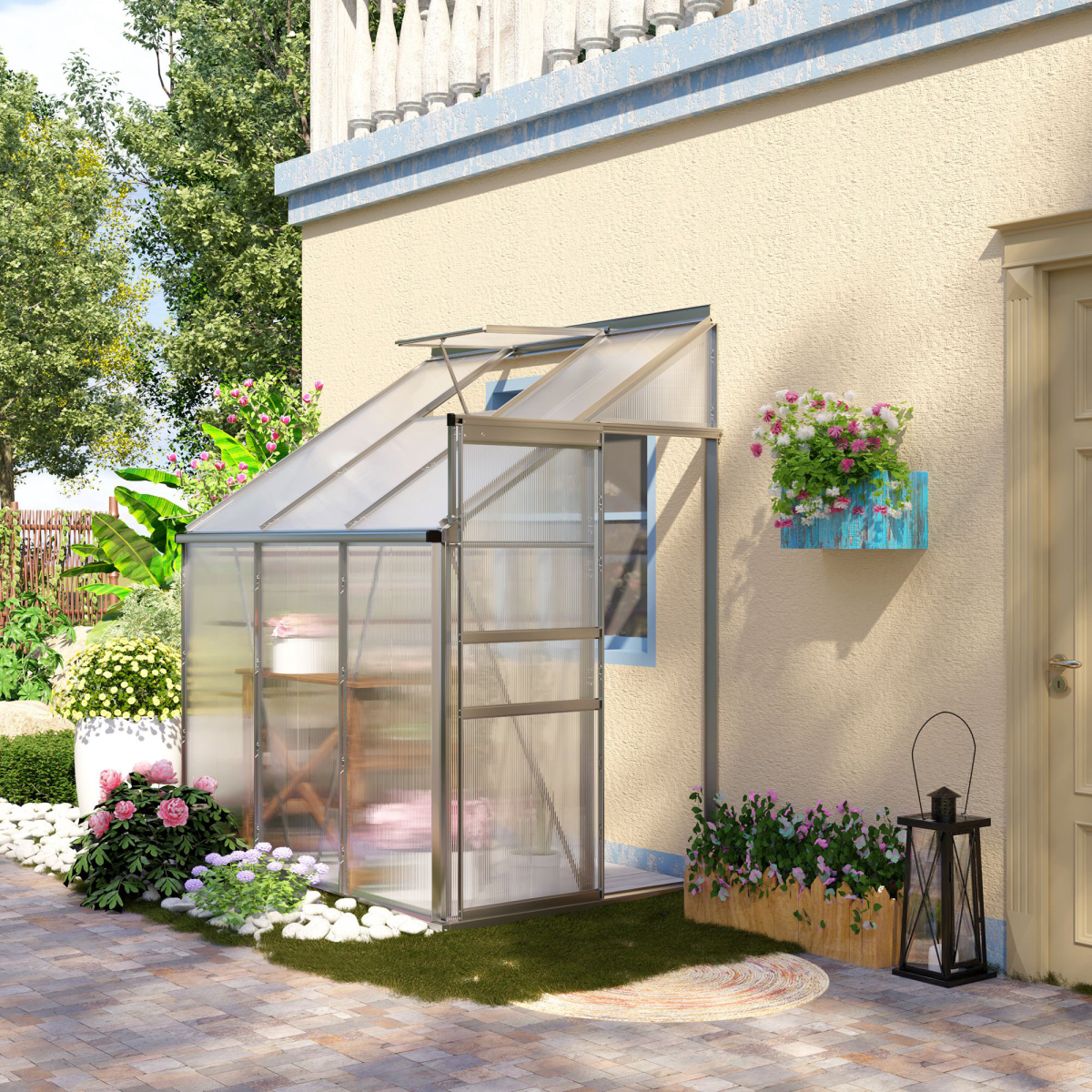 Outsunny 6 x 4ft Polycarbonate Greenhouse with Aluminium Alloy Frame, Roof Vent, Rain Gutter and Sliding Door