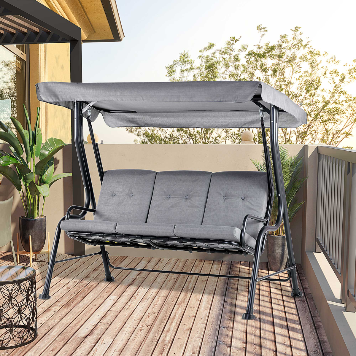 Outsunny 3 Seater Grey Garden Swing Chair with Padded Seat, Adjustable Canopy and Steel Frame
