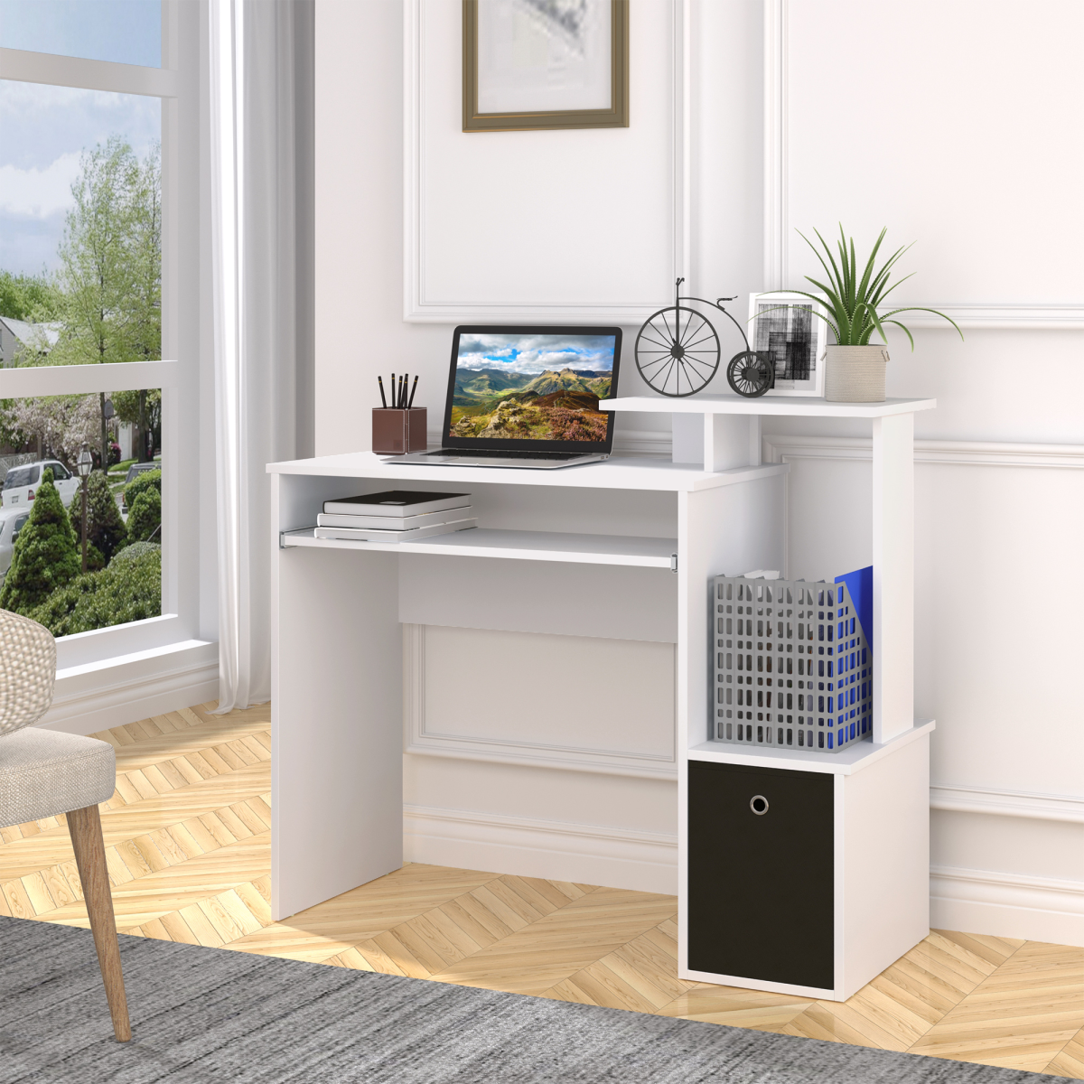 HOMCOM White Computer Desk with Sliding Keyboard Tray, Storage Drawer and Shelf