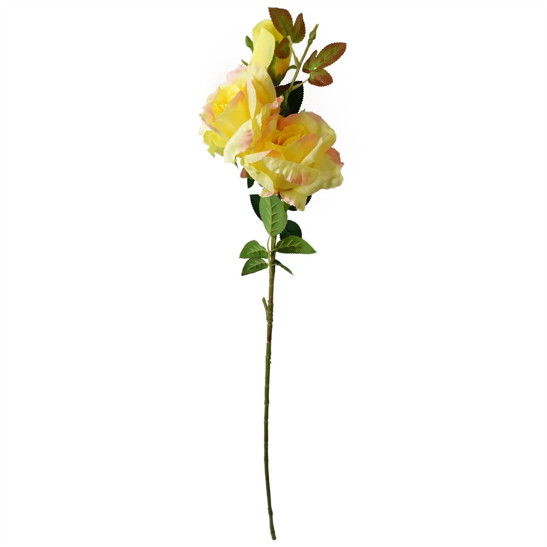 Leaf 80cm Artificial Yellow Silk Rose Stem with 2 Flowers and Bud