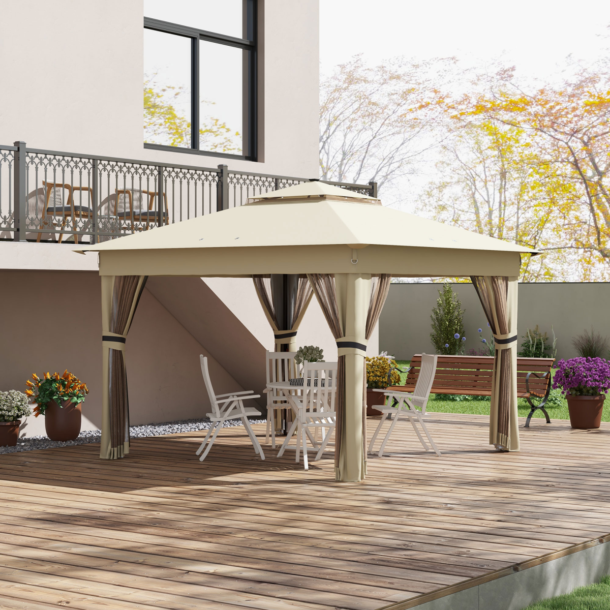 Outsunny 3x3(m) Pop Up Gazebo w/ Solar-Powered LED Lights Curtain Netting Khaki