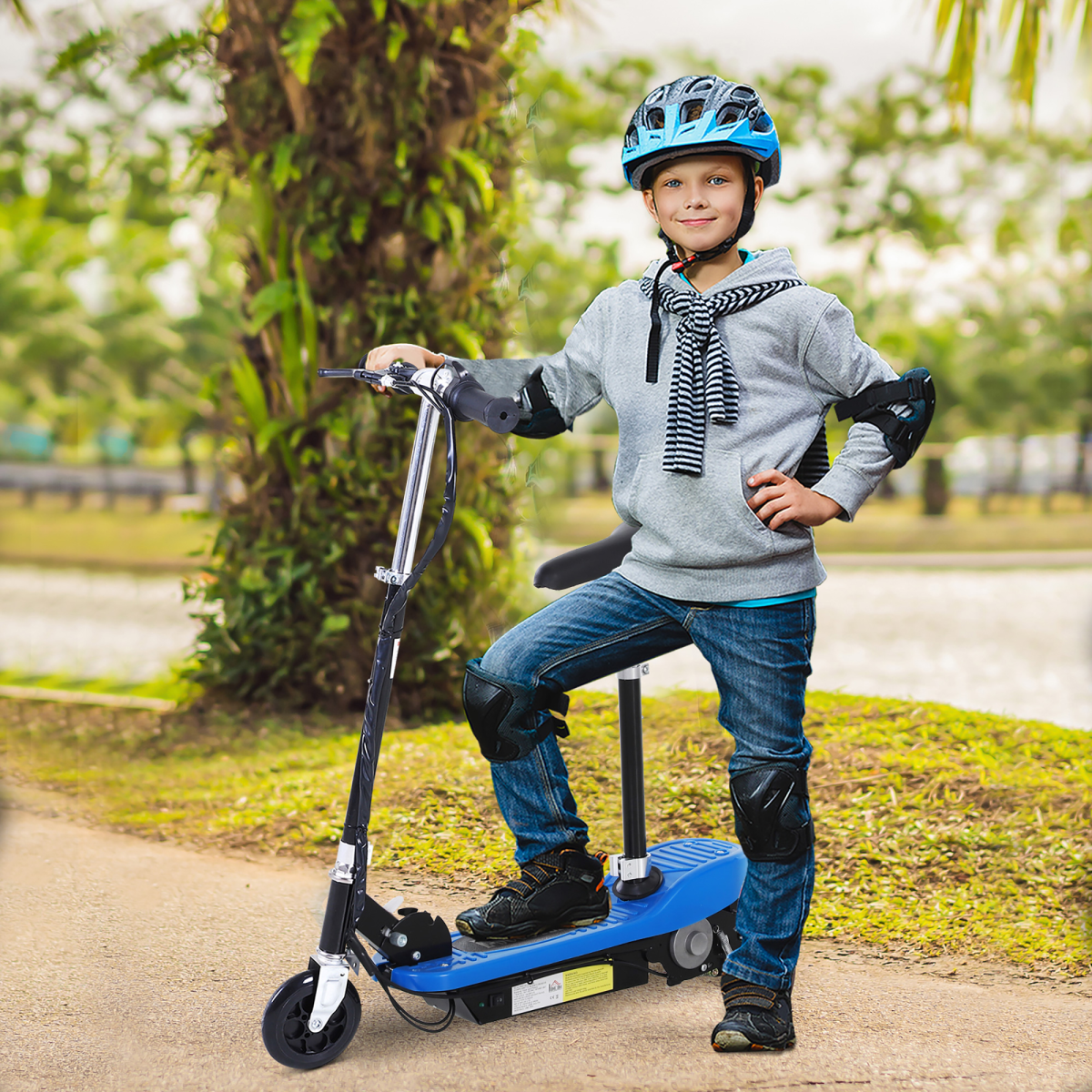 Kids Foldable Electric Powered Scooter 120W Adjustable Height Seat Rear Brake Blue for Ages 7-12