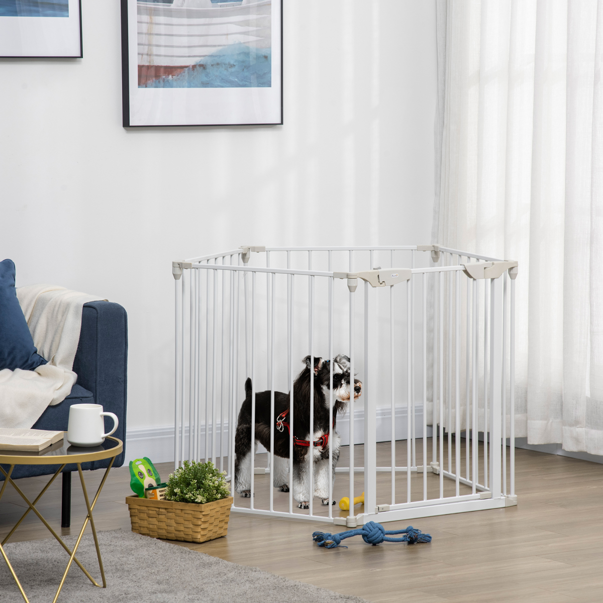 PawHut 5-Panel Indoor Pet Gate and Dog Playpen with Walk-Through Door, Freestanding or Wall-Mounted, Foldable Metal Frame, White