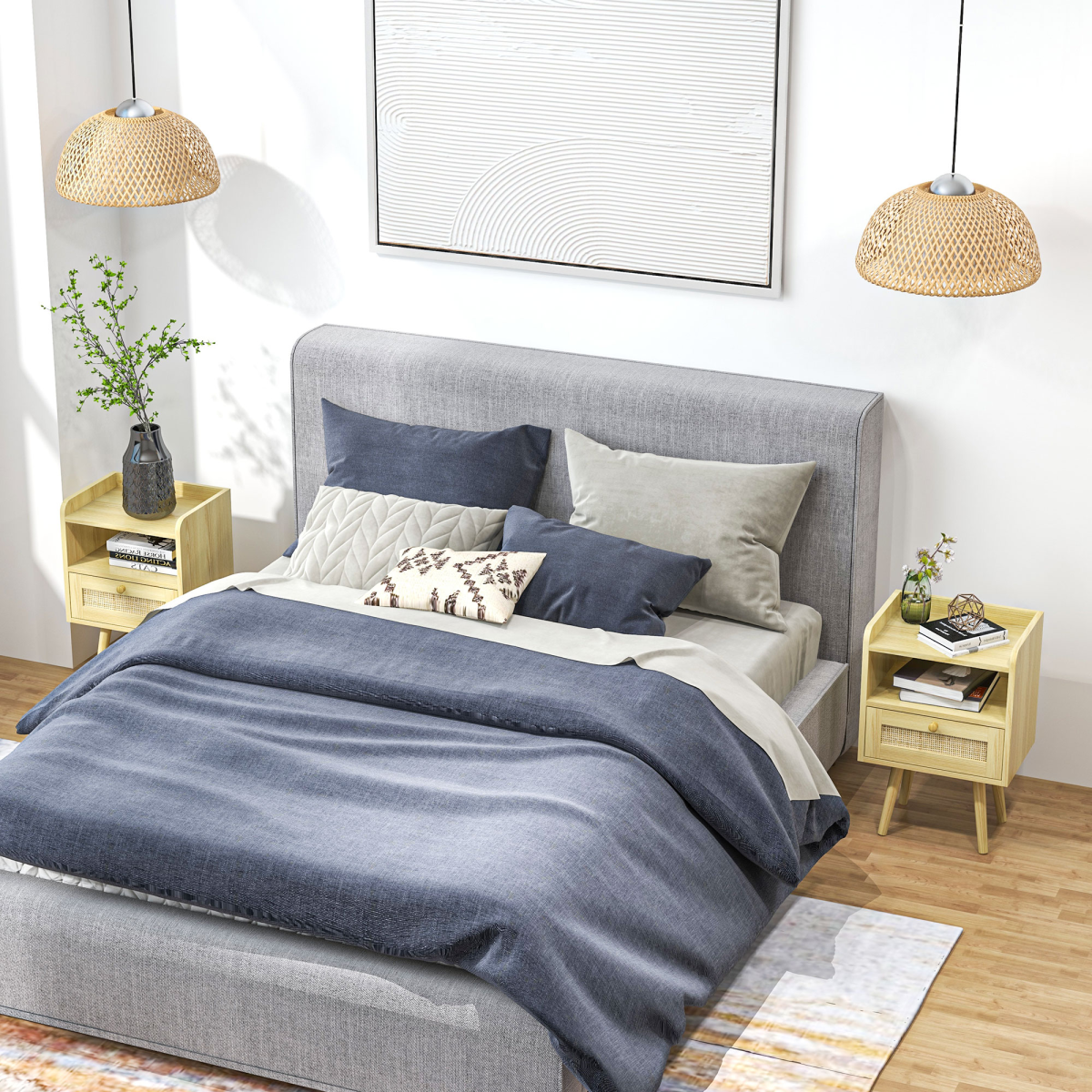 HOMCOM Set of 2 Boho Bedside Tables with Drawer and Shelf