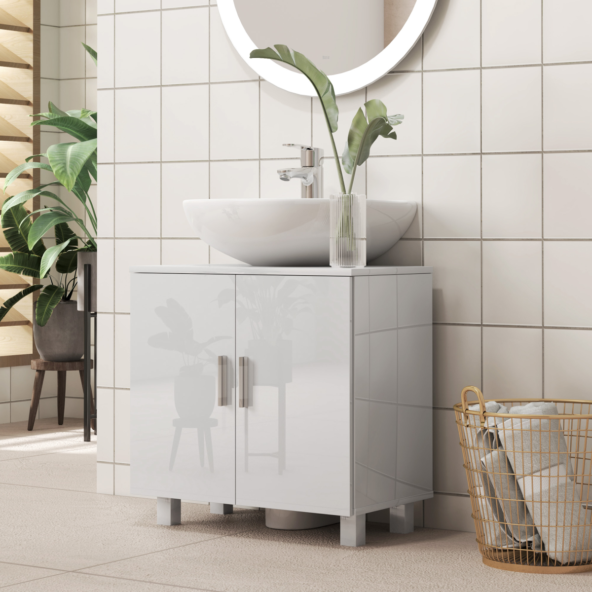 HOMCOM Freestanding High Gloss White Under Sink Cabinet for Pedestal Sinks
