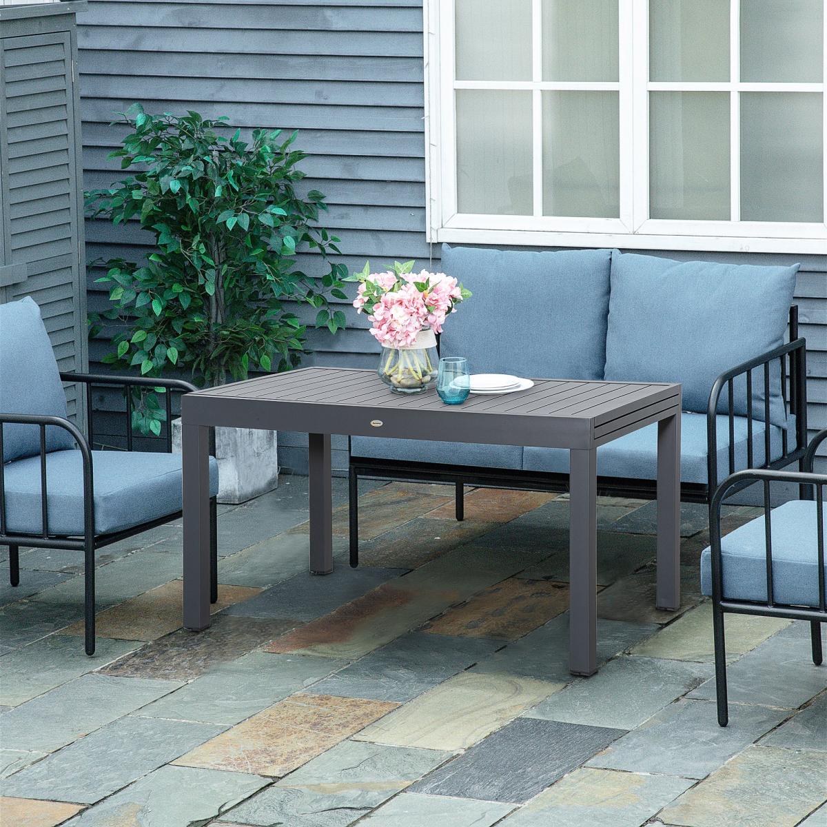 Extendable Grey Garden Dining Table 8-10 Seater Aluminium Frame for Outdoor Use